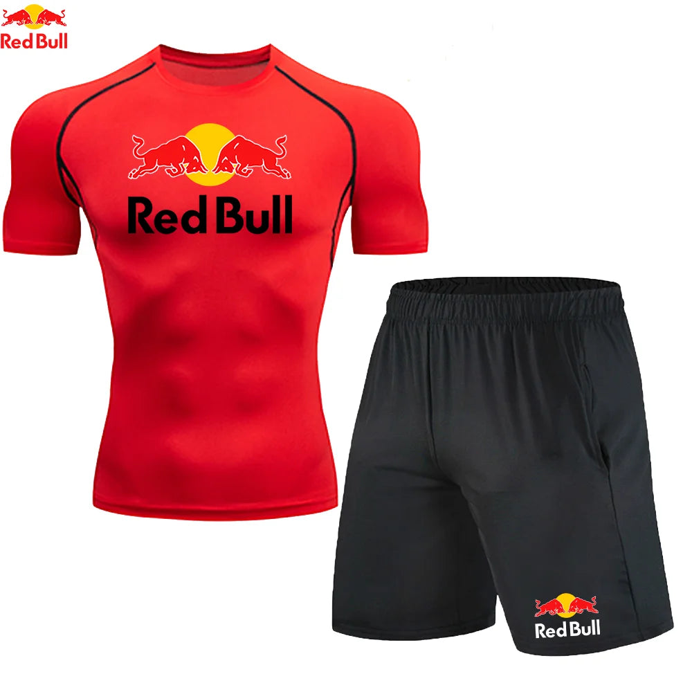 Red BullRashguard Short Sleeve T Shirts Shorts Suits Men Tracksuit Gym Boxing Jerseys Compression Shirt Fitness Running Training