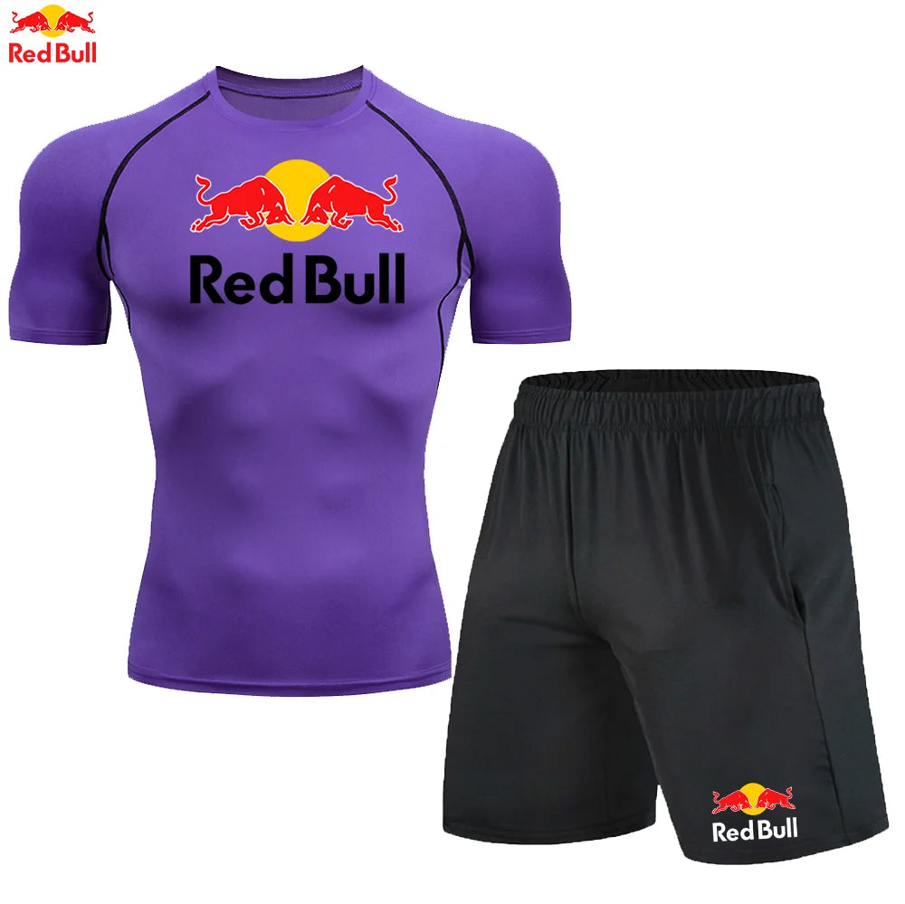 Red BullRashguard Short Sleeve T Shirts Shorts Suits Men Tracksuit Gym Boxing Jerseys Compression Shirt Fitness Running Training