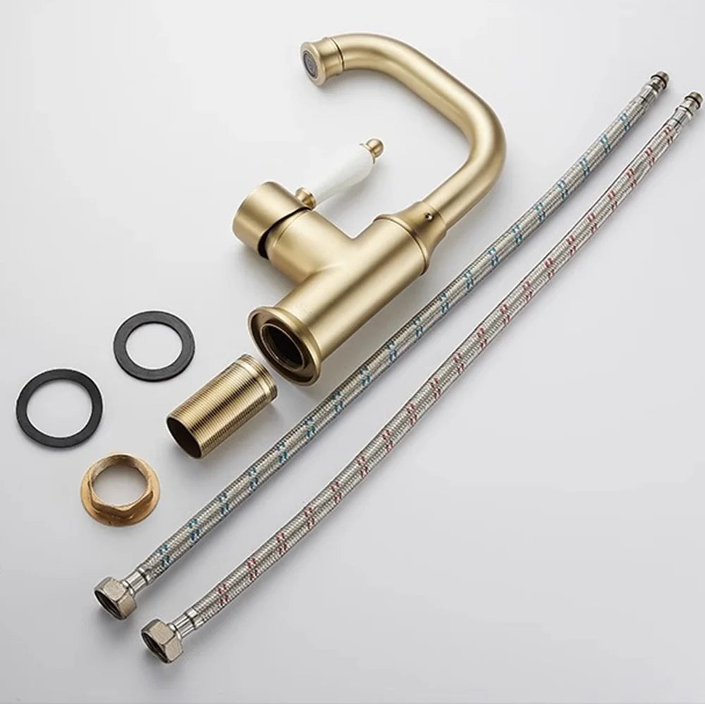 KEMAIDI Bathroom Faucet Brushed Gold Washbasin Faucets Tap Single Handle Cold Hot Water Mixer Tap Deck Mounted Brass Faucets