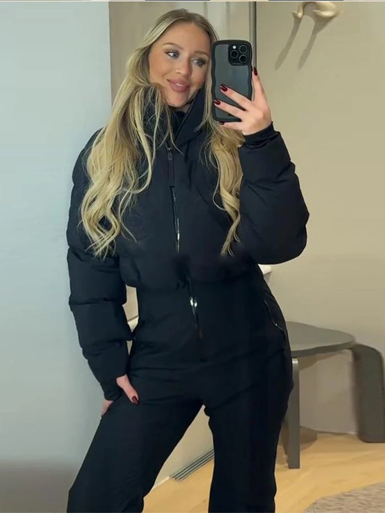 New Skiing Long Pant Sets For Women Thick Stand Collar Cotton Jacket High Waist Wide Leg Trouser 2 Pieces Sets Skateboard Outfit