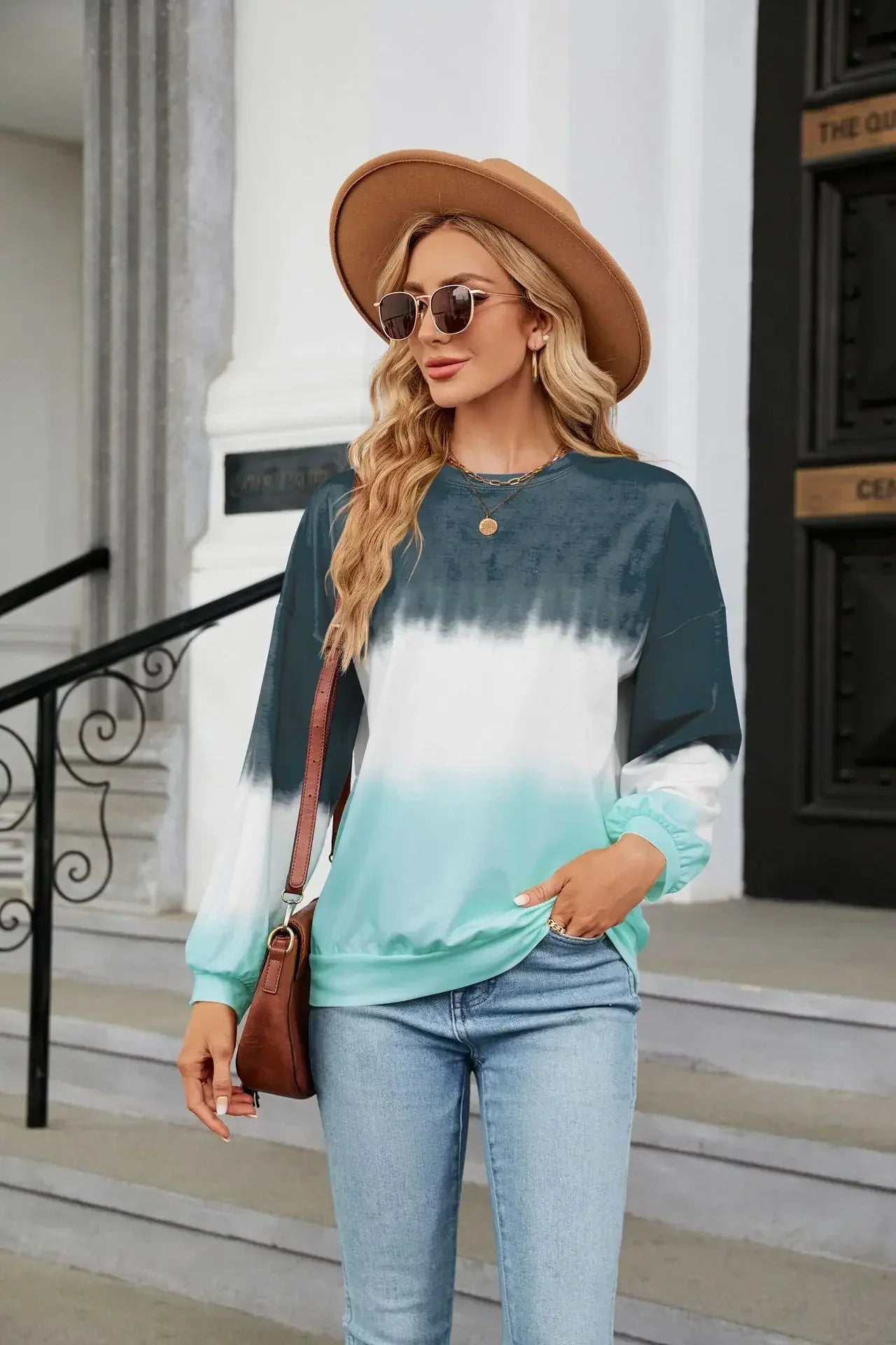 Women's Fashion Gradient Hoodies Sweatshirts Long Sleeve O-Neck Hoodies Print Oversized Pullovers Women Y2k Harajuku Streetwear