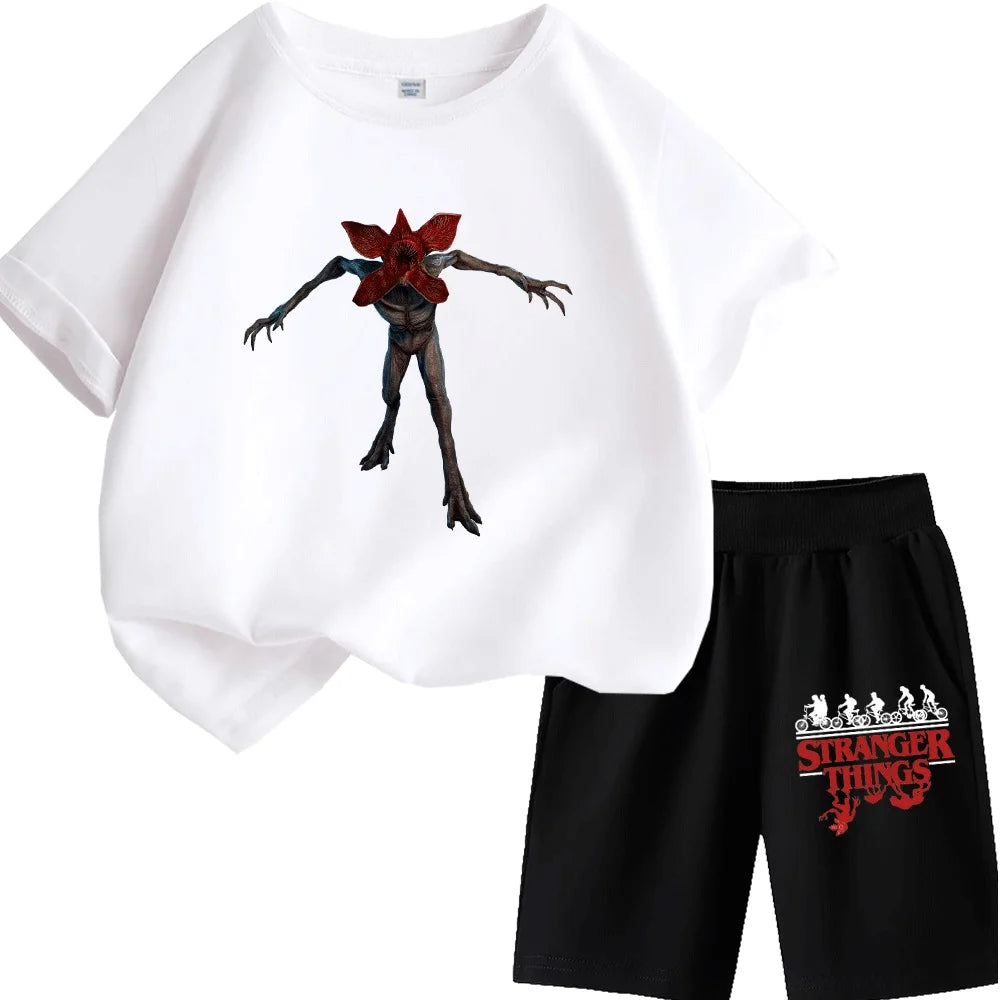Kids Stranger Things Demogorgon Print T-Shirt Set, Fashionable and Comfortable Short-Sleeve T-Shirt for Boys and Girls, Unique