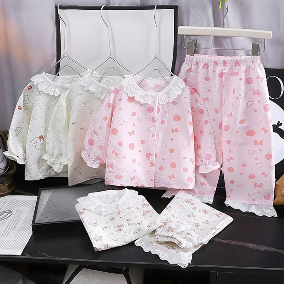 2025 Girl Sleepwear Summer Children Cartoon Lace Ruffles Pajamas Two Piece Set Outfit Casual Loose Home Wear Comfy Kids Clothing