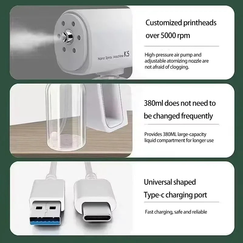 380ML Electric Nano Blue Light Steam Spray K6 Wireless Fogging Disinfection Sprayer Gun Type-C Atomization Sanitizer Machine