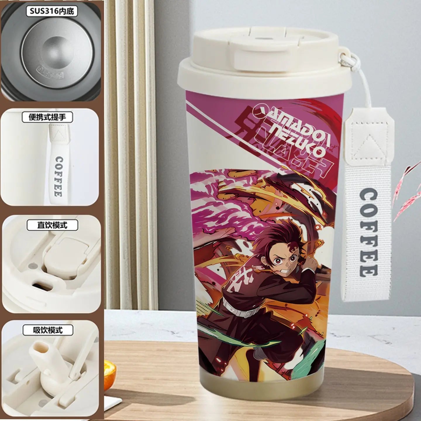 Demon Slayer Kamado Tanjirou Nezuko Agatsuma Zenitsu Anime Pattern Stainless Steel Thermos Mug Idea Leakproof Straw Cup Gift