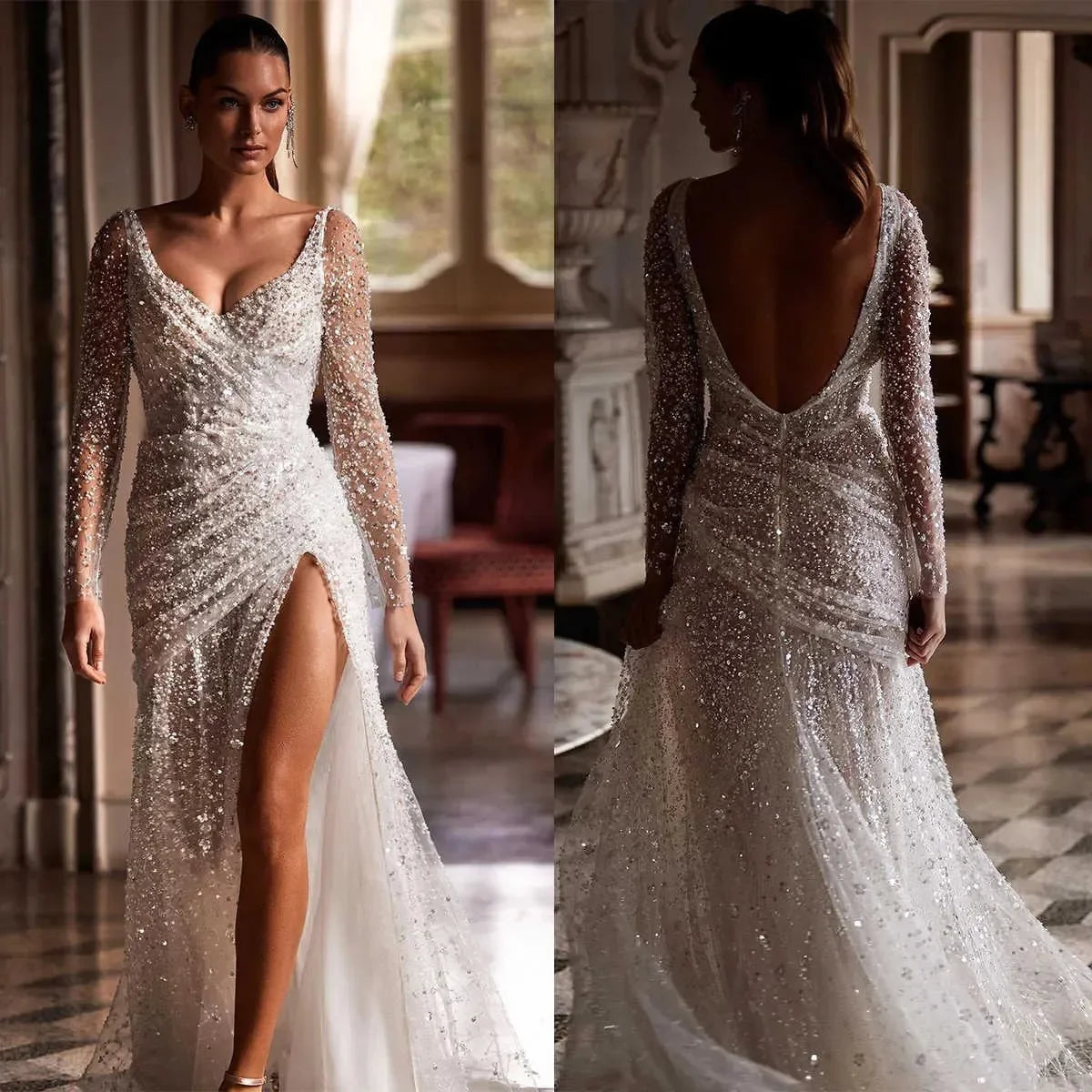 Customized 2026 New Luxurious White Lace Pearl Embroidered Mermaid Wedding Dress V-Neck Long Sleeved High Slit Sexy Bridal Gown