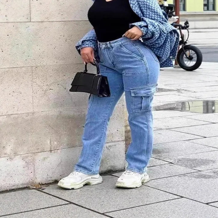 Trendy High Waist Women's Denim Work Pants Multiple Pockets Straight Leg High Street Fashion Casual Long Jeans