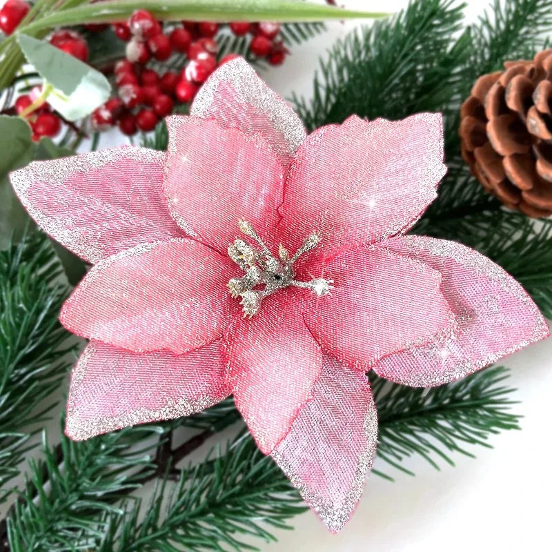 10Pcs Artificial Flowers Christmas Decoration 13CM Xmas Tree Pendant Ornaments for Home Room Decor Navidad New Year 2025 Garland