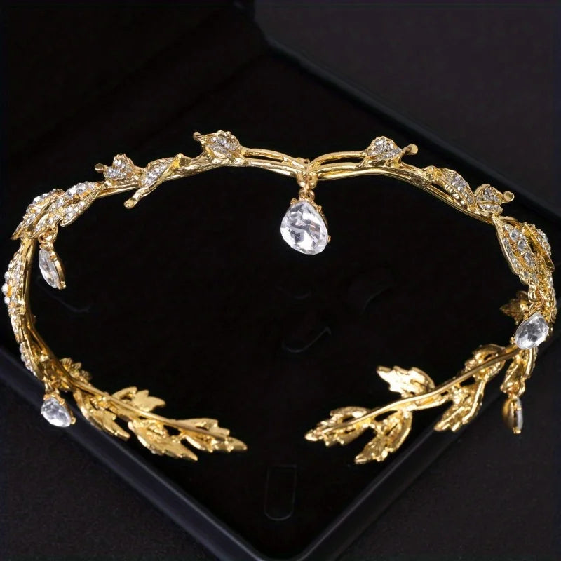 Women's vintage tiara Elegant waterdrop leaf tiara crown crystal gold silver rhinestone wedding hair accessories bridal tiara
