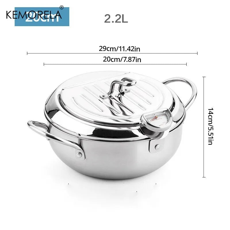 Stainless Steel Oil Pan with Thermometer Multiple Sizes Fryer Thermometer Cover for Tempura French Fries Home Kitchen Frying Pan