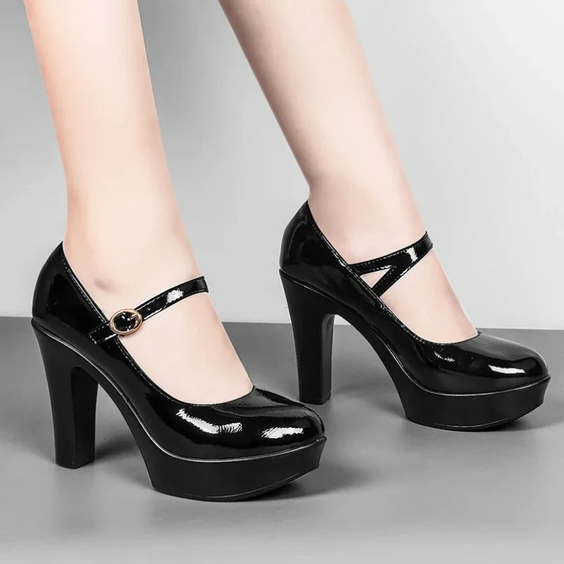 2025 Fashion Block High Heels Patent Leather Shoes Women Summer Thick Platform Pumps Office Party