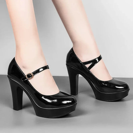 2025 Fashion Block High Heels Patent Leather Shoes Women Summer Thick Platform Pumps Office Party