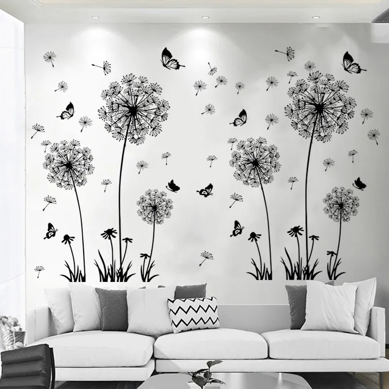 1pc, Black Romantic Dandelion Wall Decal, Wall Stickers For Room Living Room Bedroom Background Wall Decoration, Self-adhesive D