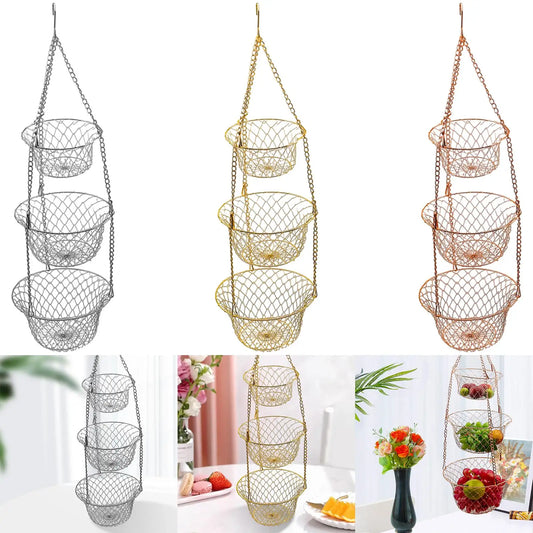 3 Tiered Hanging Organizer Basket Vegetable Holder Large Capacity Basket Kitchen Snacks Vegetable Storage Shelf for Kitchen