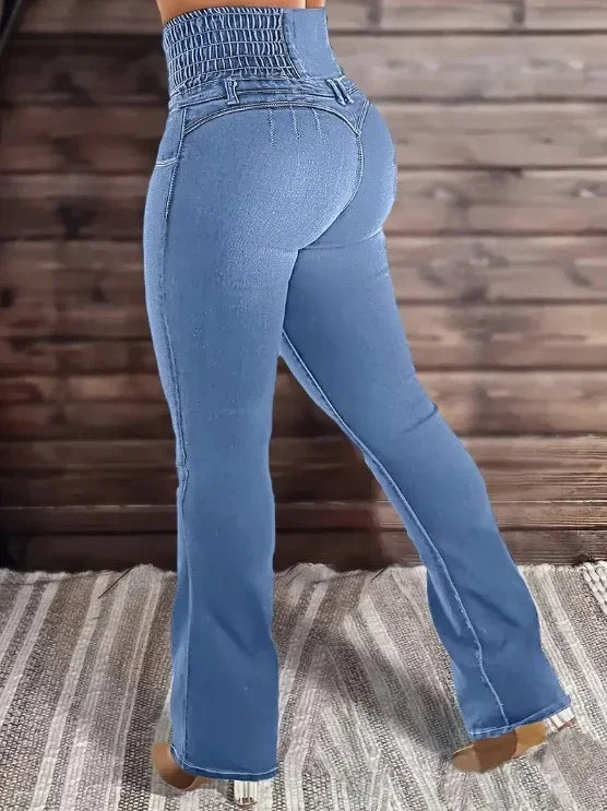 Spring High Waist Elastic Waist Denim Jeans Women's Long Flare Pants Breathable Butt-Lifted plus Size Basic Trousers