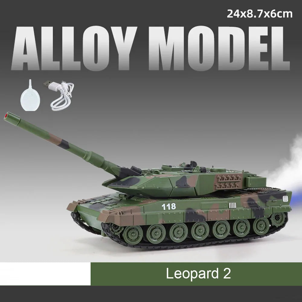 1:32 Scale T-90 Leopard2 M4 Main Battle Tank Model Toy Sound Light Tiger Heavy Tanks Spray Military Vehicle Models for Kid Gifts