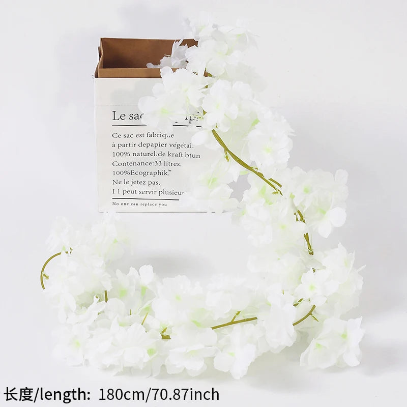 180CM Artificial Cherry Blossoms Vines Silk Sakura Flowers Rattan Hanging Garland Ornaments Wedding Party Garden Home Decoration
