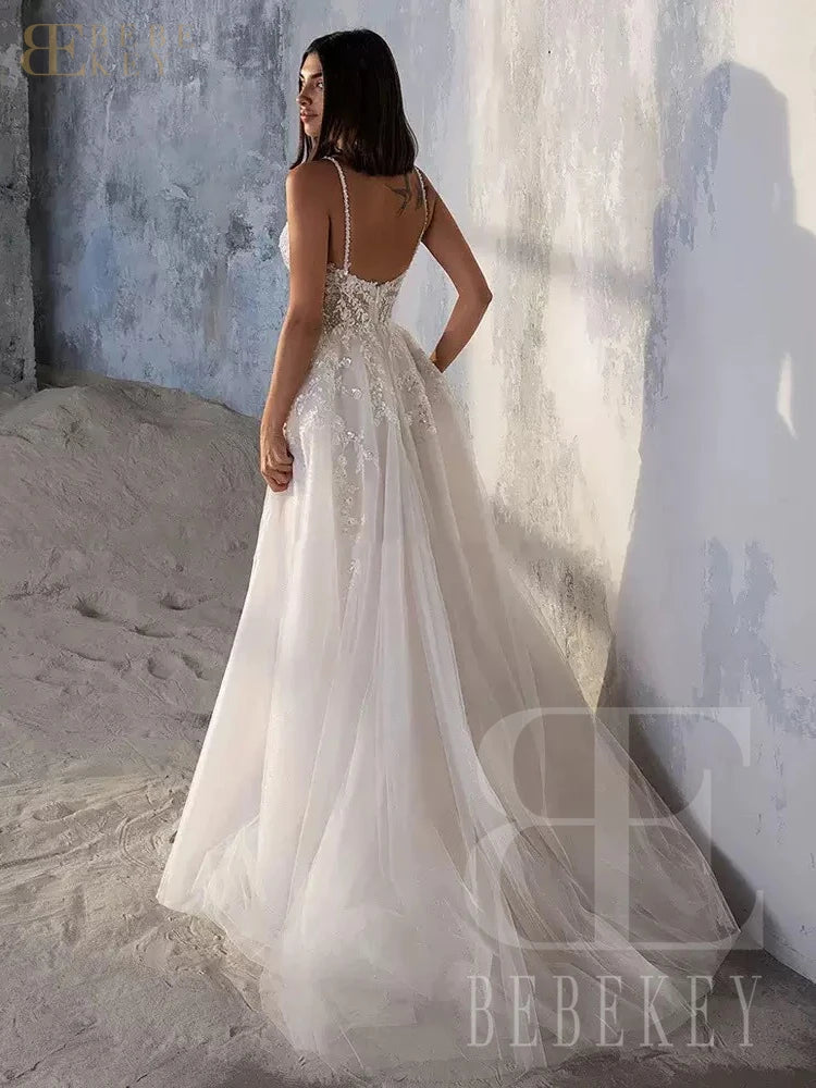 BEBEKEY Bead Sequin Wedding Dresses A-line Lace Appliques Bridal Gown Customized Spaghetti Straps Formal Dress vestidos de novia
