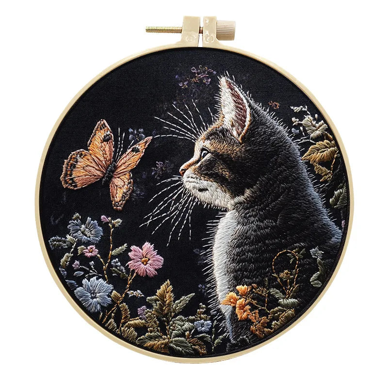DIY Cat and Flower Embroidery Kit for Beginners Complete Handmade Cross Stitch Kit Mixing Colors Fabric Materials and Animal