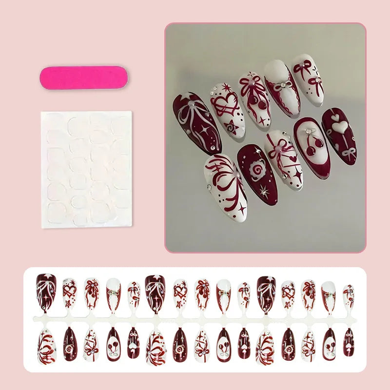 24Pcs Pink Square Fake Nails Women Valentine's Day Short Ballet Press On Nails French False Nails Bowknot/Lip/Love Heart Decor