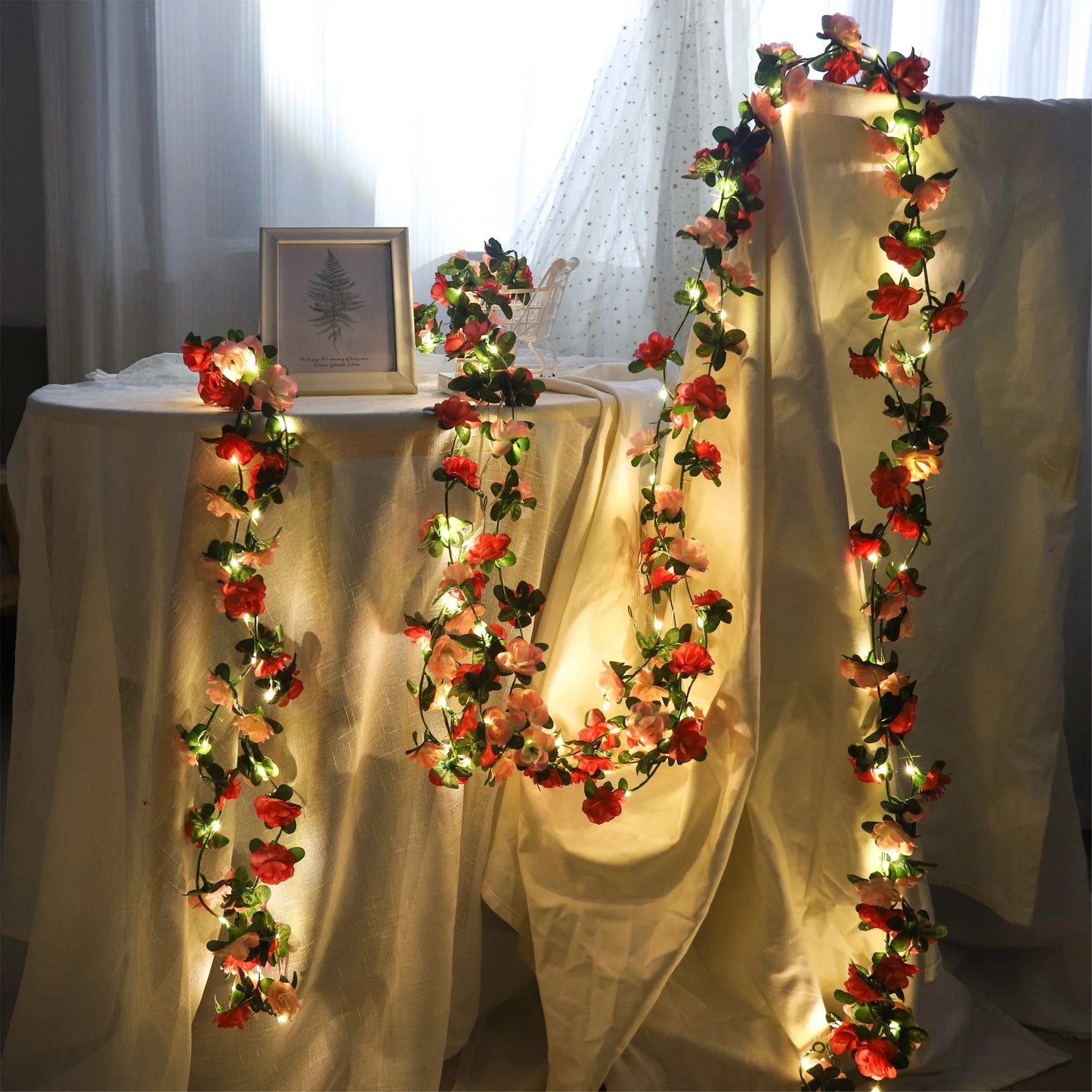 250CM Rose Vine With LED Lights Artificial Flowers Wedding Home Room Decoration Spring Autumn Garden Arch Christmas Rattan Vine