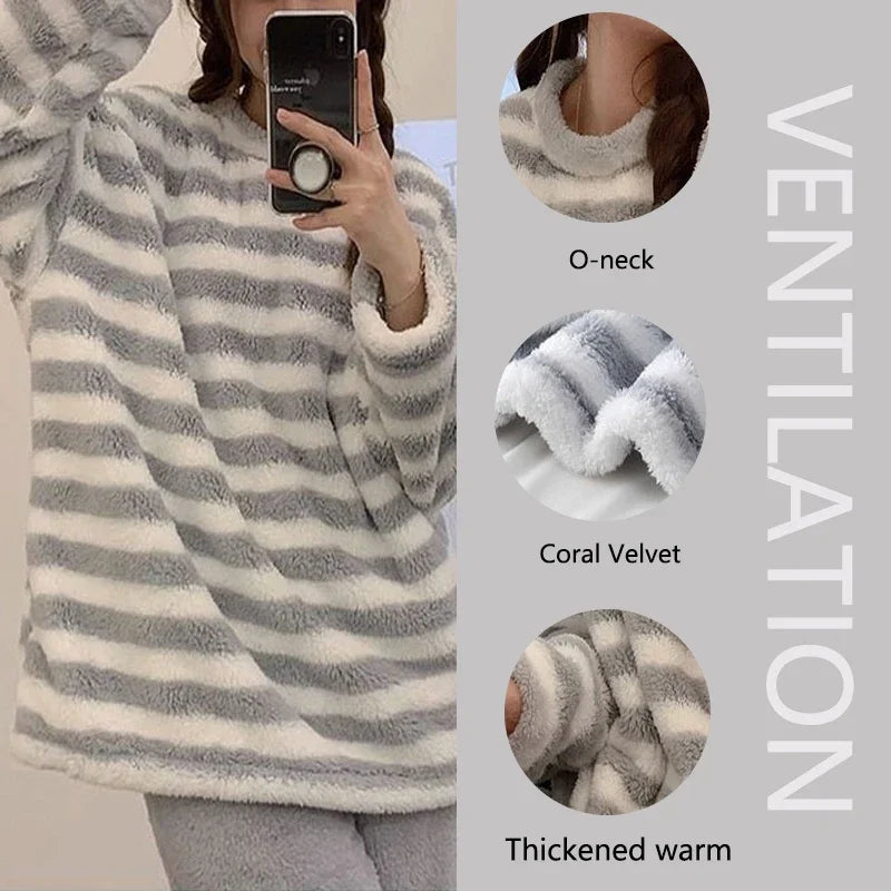 2PCS/Set Padded Thickened Warm Fall and Winter Long-Sleeved Soft Pajamas Women Flannel Outside Striped Flannel Homewear Large