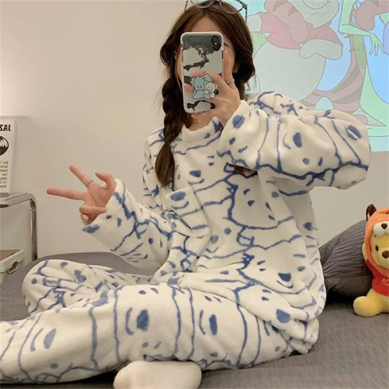 2PCS/Set Padded Thickened Warm Fall and Winter Long-Sleeved Soft Pajamas Women Flannel Outside Striped Flannel Homewear Large