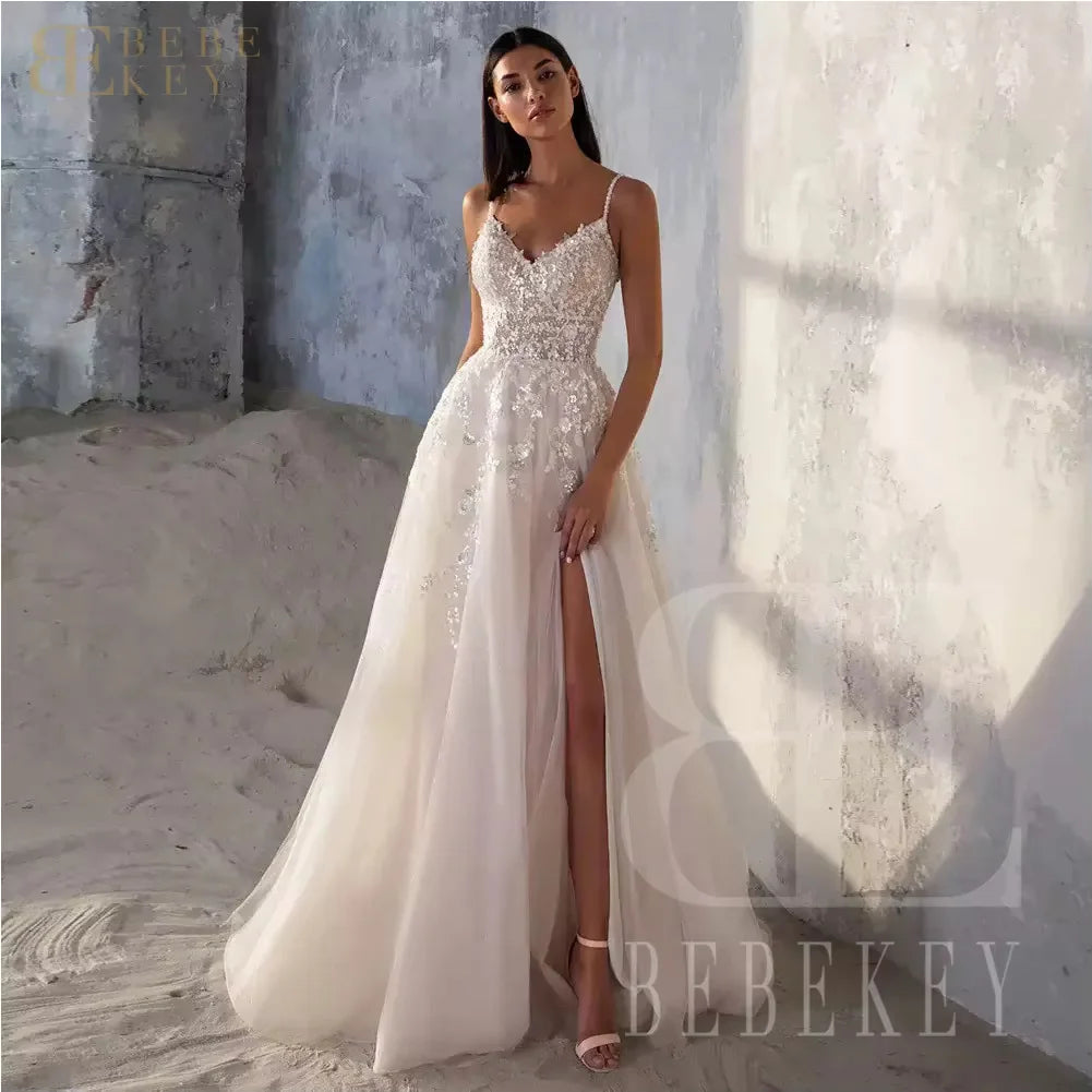 BEBEKEY Bead Sequin Wedding Dresses A-line Lace Appliques Bridal Gown Customized Spaghetti Straps Formal Dress vestidos de novia