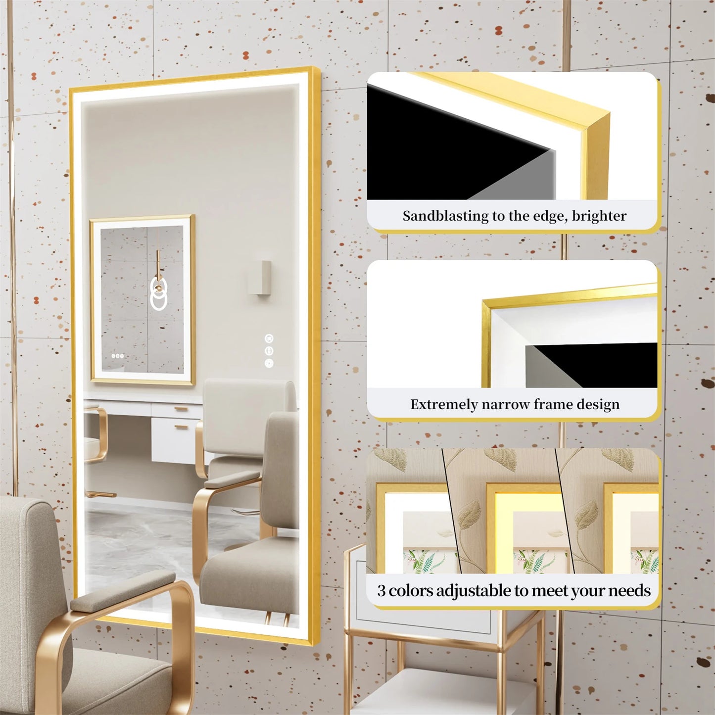 Smart LED Bathroom Mirror Demister Touch Sensor Gold Brushed Brass Frame Anti-Fog Vanity Wall Mirror 3 Sizes
