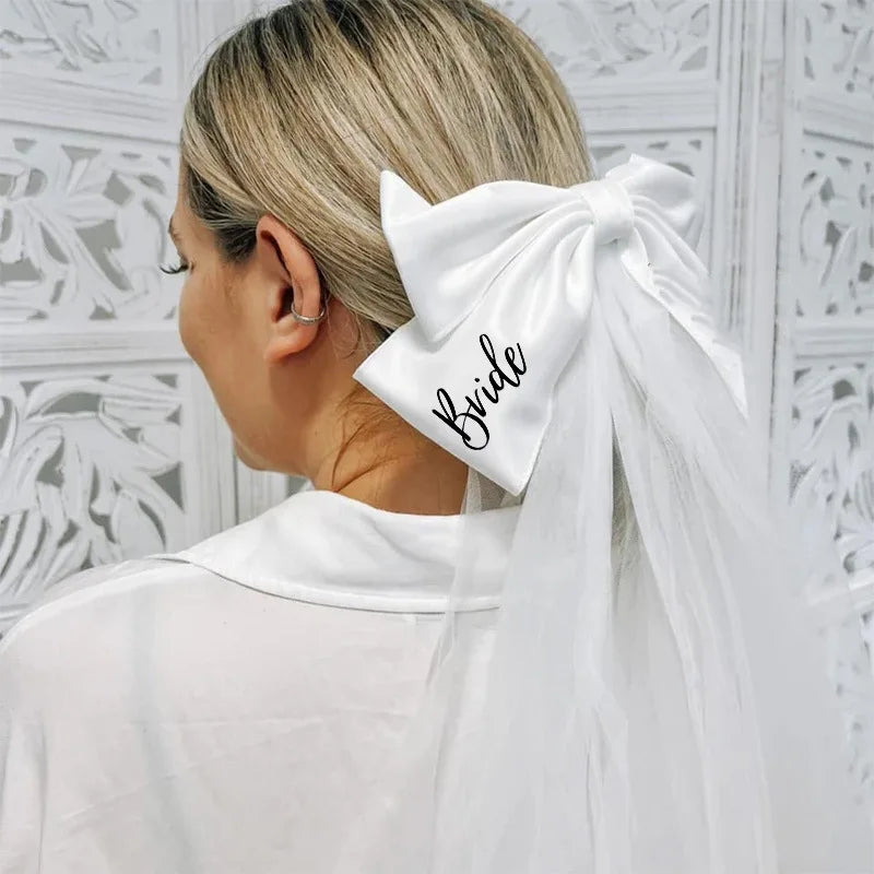 White Bride Bow Veil with Hair Clip Bridal Shower Party Decoration Wedding Photo Props Hen Bachelorette Party Supplies Gift
