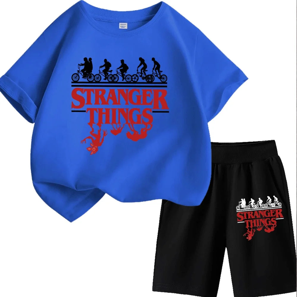 Stylish Stranger Things Kids T-Shirt Set with Silhouette Bikes and Demogorgon Design for Boys/Girls