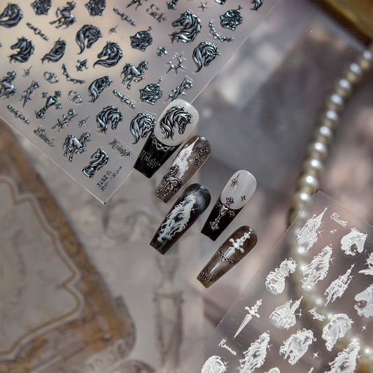 1PCS 5D Embossed Knight Horse Nail Stickers High-End Three-Dimensional Nail Art Supplies Niche Royal Temperament Ladies Stickers