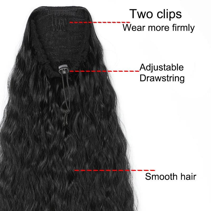22Inch Synthetic Long Kinky Curly Ponytail Hair Extension Drawstring Wrapped Clip in Hair Black Hairpiecefor Women