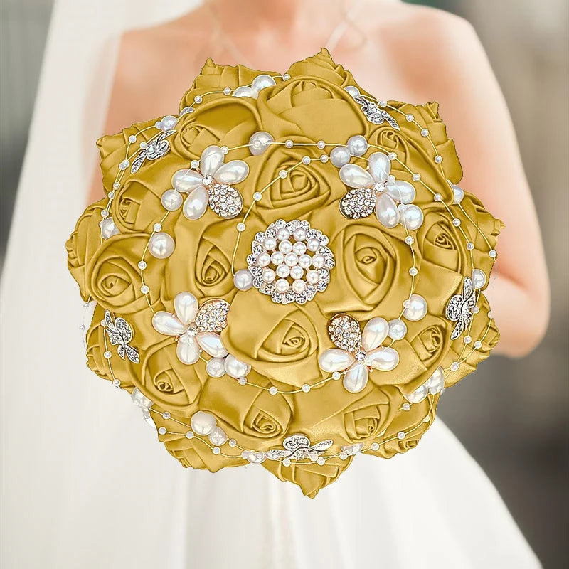 1pc/lot Gold Bridal Wedding Bouquet  Satin Rose Artificial Flowers Wedding Bouquet de novia On Sale