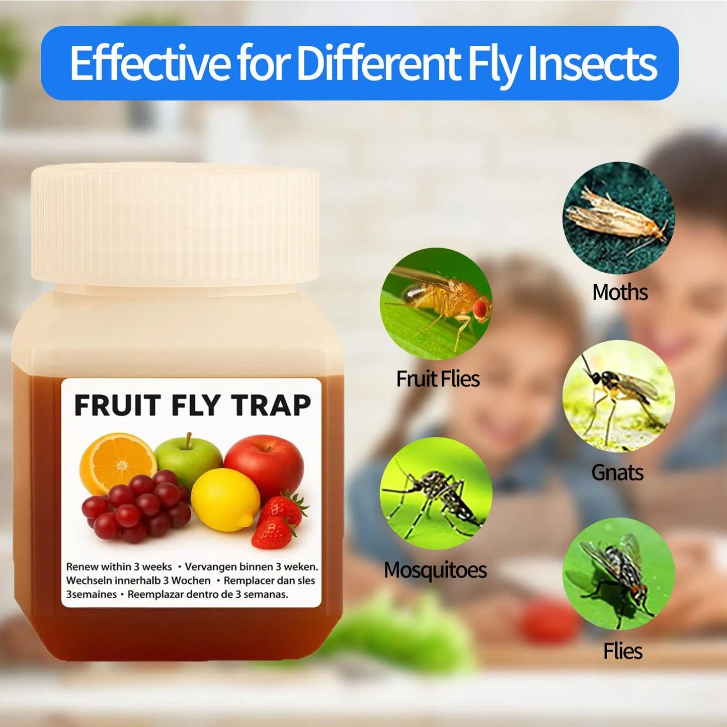 Fruit Fly Trap Refill Liquid - Effective & Safe Lure Solution for Indoor Outdoor Use in Kitchen, Garden, Patio, Farm, Orchard