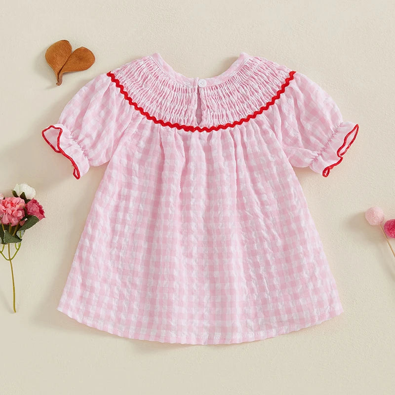 Toddler Baby Girl Valentines Day Outfit Ruffle Smocked Heart Embroidery Dress Plaid Playwear Summer Outfit 6M-4T
