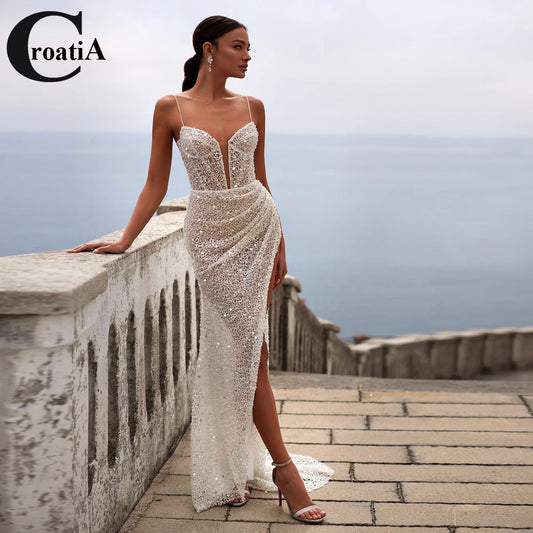Croatia Fancy Spaghetti Straps Wedding Dresses for Women Slit V-neck Pleat Sequined Trumpet Vestido De Casamento Customized