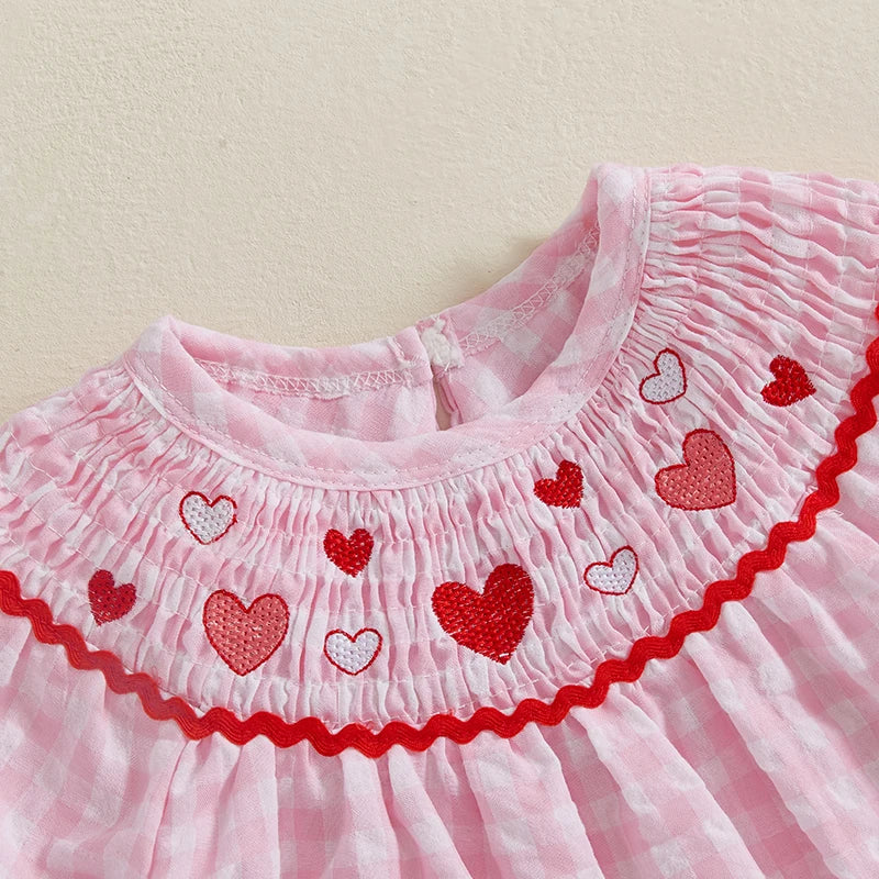 Toddler Baby Girl Valentines Day Outfit Ruffle Smocked Heart Embroidery Dress Plaid Playwear Summer Outfit 6M-4T