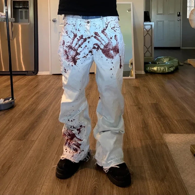 Y2K Harajuku White Horror Blood Handprint Print Jeans for Men And Women Retro Fashion High Street Hip Hop Loose Casual Pants