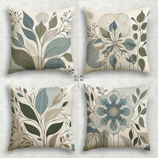 4Pcs Contemporary Floral Pillow Covers - Botanical Print Single-Sided Cushion Covers for Home Decor (Pillow Not Included)