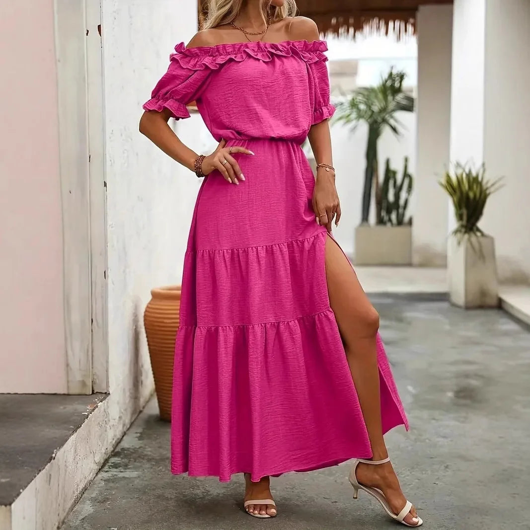 Elegant Short Sleeve Long Dress Women 2025 Summer Fashion Off Shoulder Maxi Dresses Casual