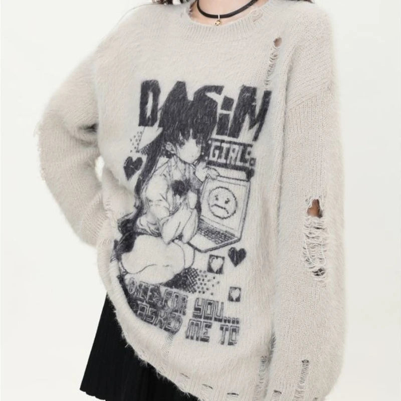 2000s American Vintage Casual Loose O Neck Long Sleeve Autumn Sweaters Y2k Harajuku Kawaii Print Anime Pullovers Subculture Chic