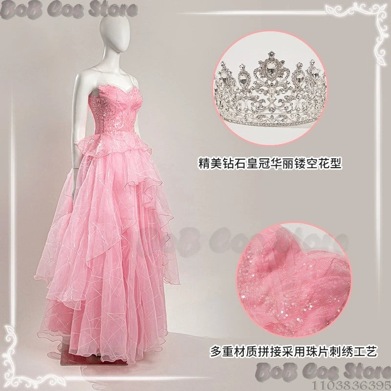 Glinda Wicked Cosplay Costume Prop Galinda Princess Blond Curly Wig Witch Pink Tulle Dress Crown Women Girl Holloween Customized