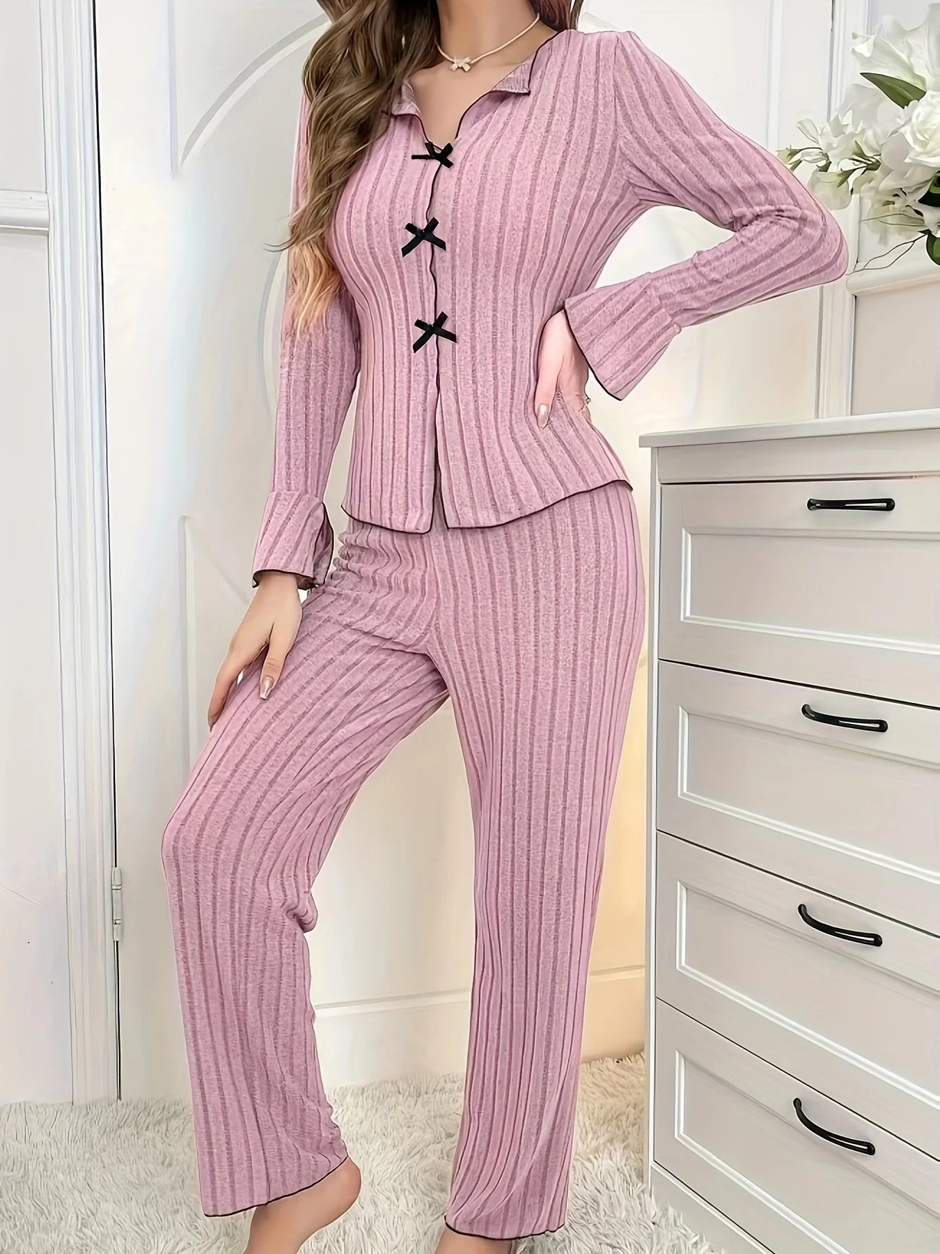 2-Piece Women's Autumn and Winter Pure Color Elegant Bow Women's Simple Long-Sleeved Pants Pajama Set