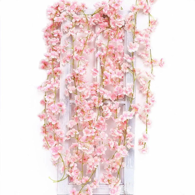 180CM Artificial Cherry Blossoms Vines Silk Sakura Flowers Rattan Hanging Garland Ornaments Wedding Party Garden Home Decoration