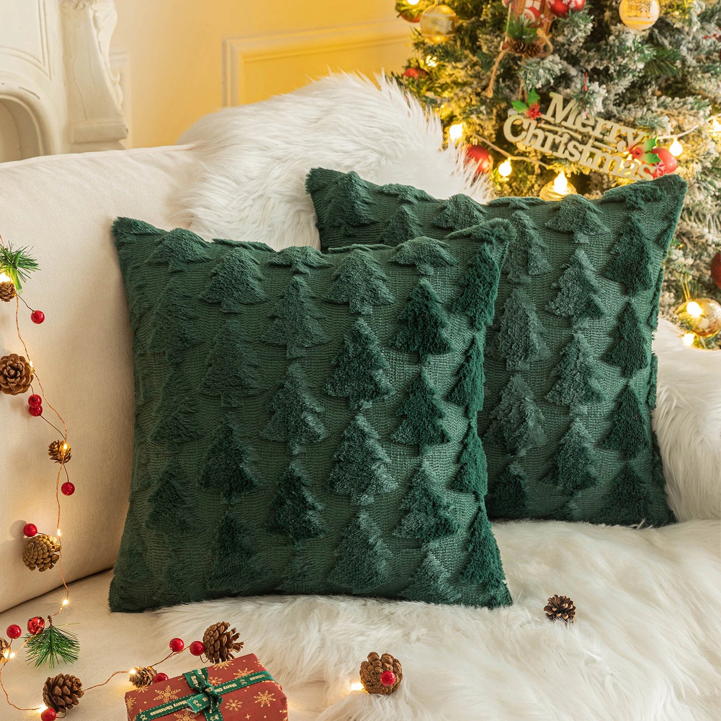 1/2 Pack Christmas Tree Square Throw Pillow Cases Snowflake Shaggy Plush PillowCases Embroidered Sofa Cushion Cover Home Decor