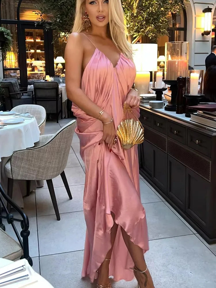 HH Summer Woman Holiday Dresses Party Midi Dress Women Elegant Silhouette Backless V-neck Pleated Design Chic Sexy Dresses