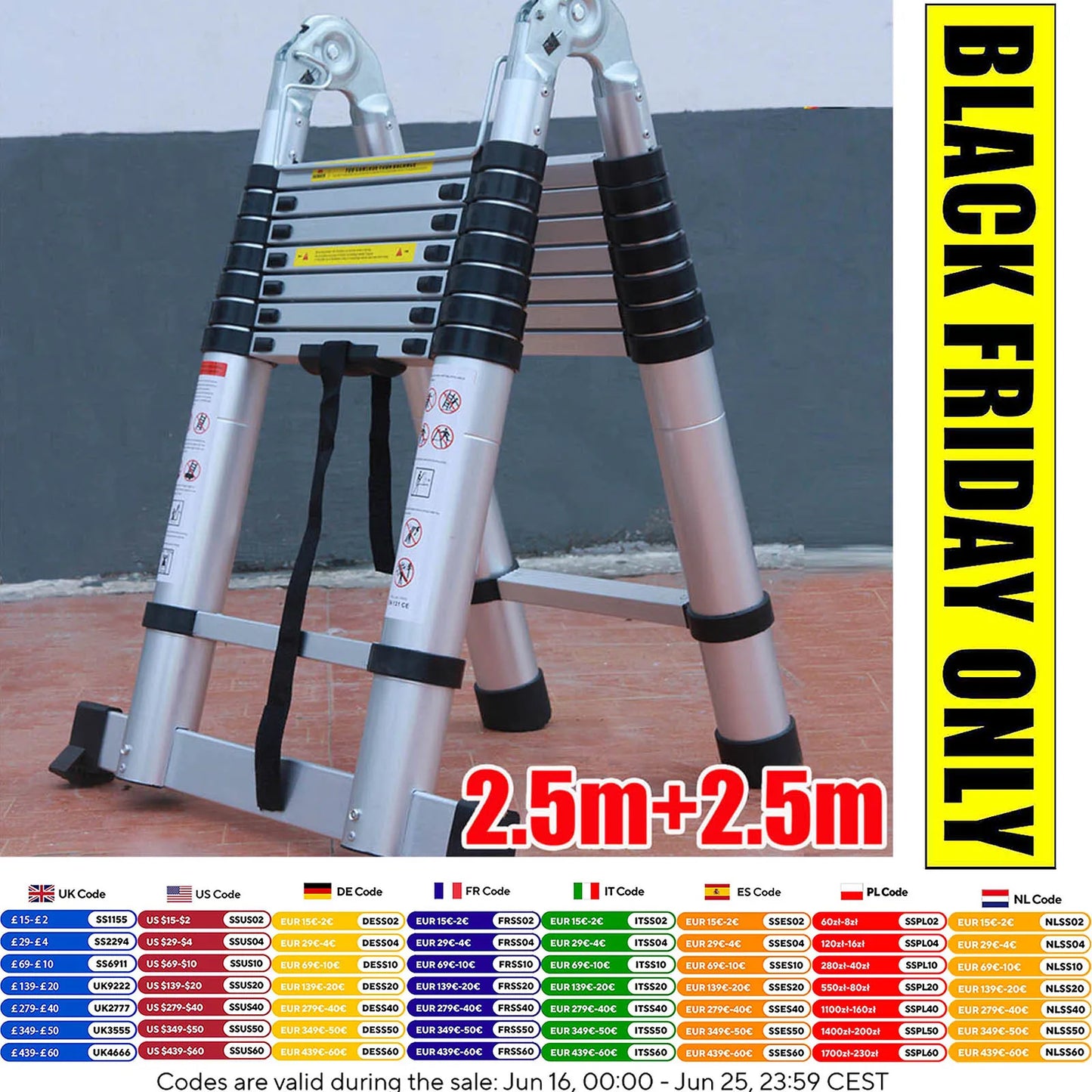 Telescopic Folding Ladder 2.5M+2.5M Multi Purpose A-Frame Heavy Duty Loft Ladders 16.5 FT Aluminum with Stabilizer Home Tools