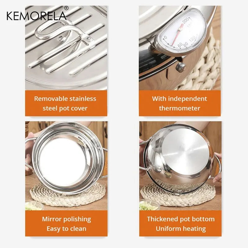 Stainless Steel Oil Pan with Thermometer Multiple Sizes Fryer Thermometer Cover for Tempura French Fries Home Kitchen Frying Pan