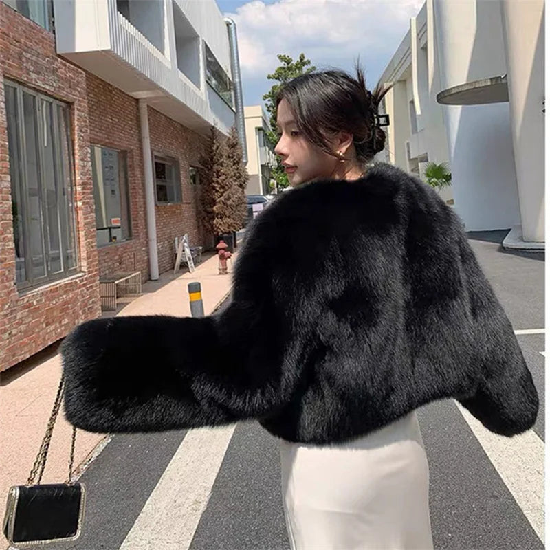 2025 Fashion Black Pink Fur Coat Women's Short Fox Fur Jacket Korean V-neck Streetwear Lady Outerwear Loose Tops Autumn Winter